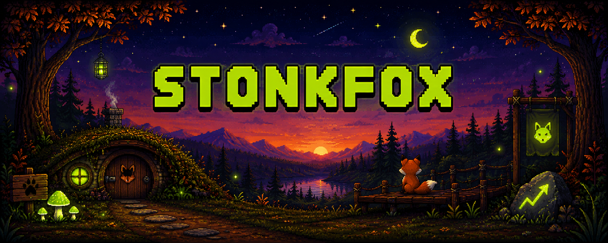 A fox den in an autumn forest at sunset